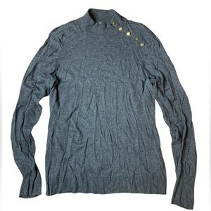H&M Fine-Knit Mock Neck Sweater Gold Button Detail Grey Size L